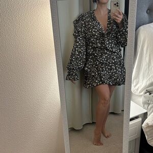 V neck Floral Mini Dress puff sleeve